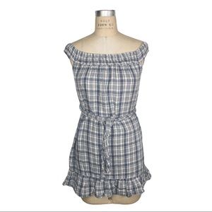 Urban Outfitters Off The Shoulders Blue And White Plaid Tied Dress With Ruffles